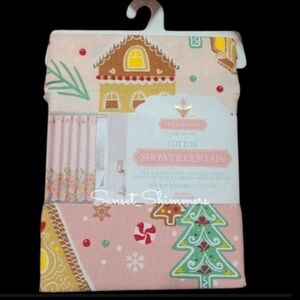 Pink Gingerbread House Christmas Village Fabric Shower Curtain Bathroom Decor